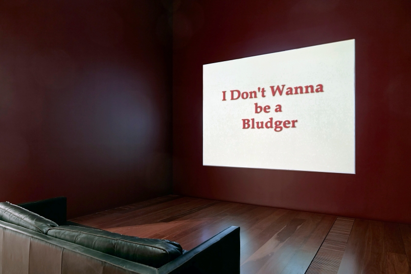 Installation view of Destiny Deacon and Michael Riley's 'I don't wanna be a bludger' 1999