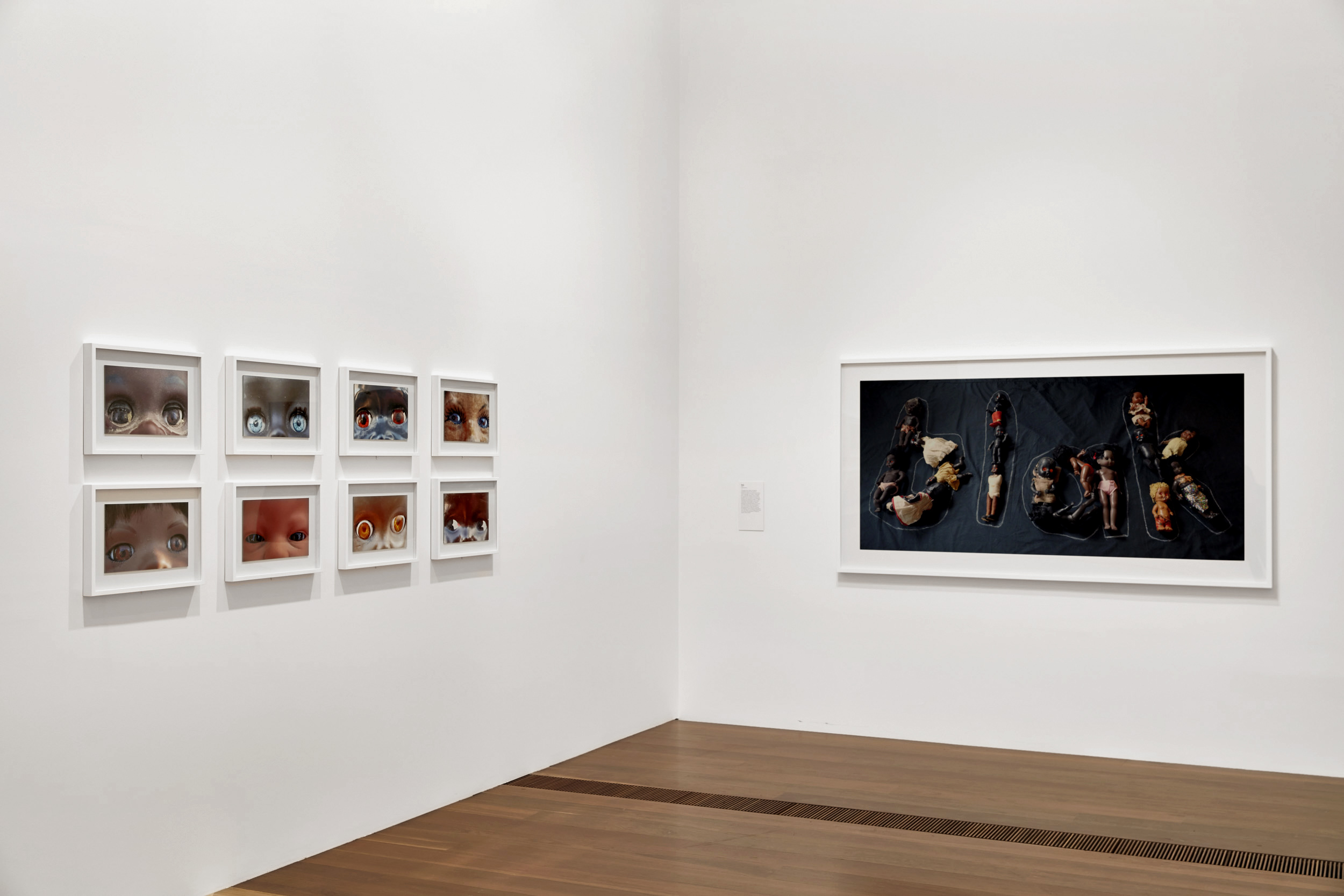 Installation view of 'DESTINY' at The Ian Potter Centre: NGV Australia, Melbourne, 2020 showing at left 'Dolly eyes (A-H)' 2020; and at right, 'Blak' 2020 Installation view of 'DESTINY' at The Ian Potter Centre: NGV Australia, Melbourne, 2020 showing at left 'Dolly eyes (A-H)' 2020; and at right, 'Blak' 2020