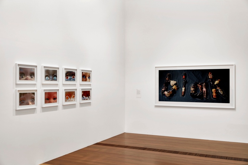 Installation view of 'DESTINY' at The Ian Potter Centre: NGV Australia, Melbourne, 2020 showing at left 'Dolly eyes (A-H)' 2020; and at right, 'Blak' 2020