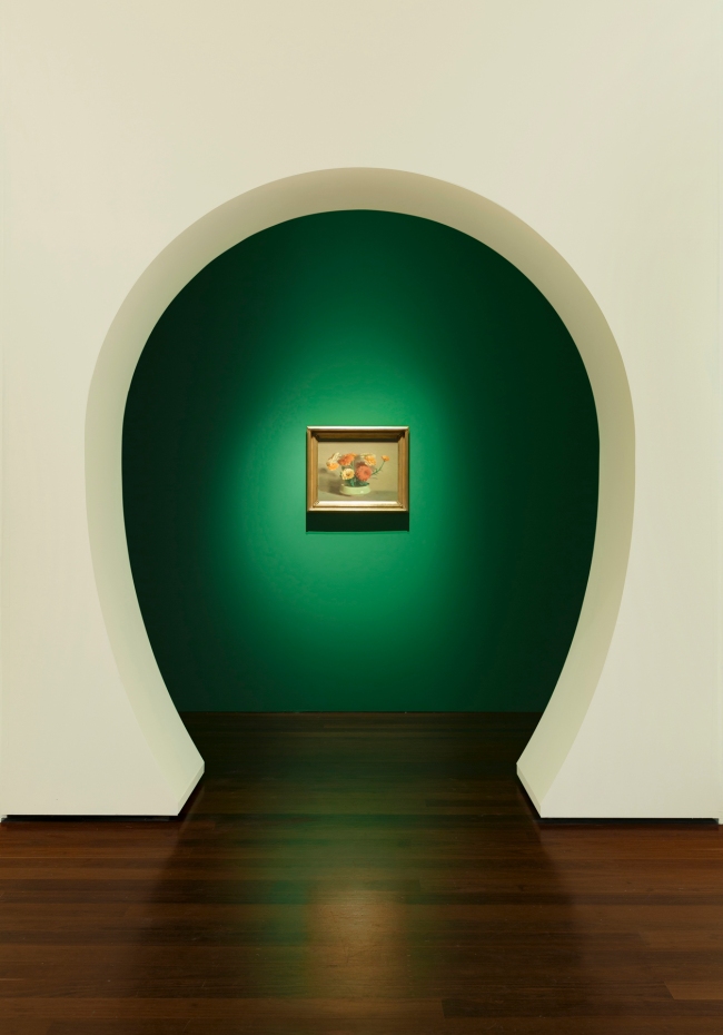 Installation view of the exhibition 'Clarice Beckett: The present moment', Art Gallery of South Australia, Adelaide, 2021 featuring 'Zinnias (Flower piece)' by Clarice Beckett, 1927, Private collection, Art Gallery of South Australia, Adelaide, 2021