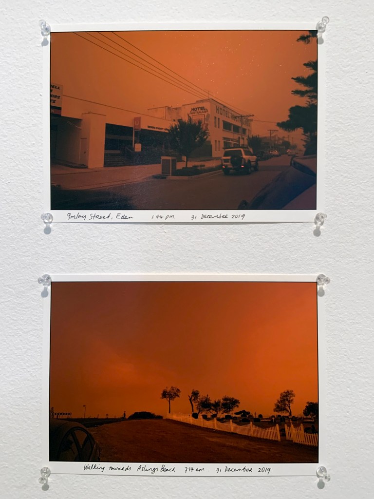 Ruth Maddison (Australian, b. 1945) 'Imlay Street, Eden 1.44 pm 31 December 2019' and 'Walking towards Aslings Beach 7.14 am 31 December 2019' 2019 (installation view)