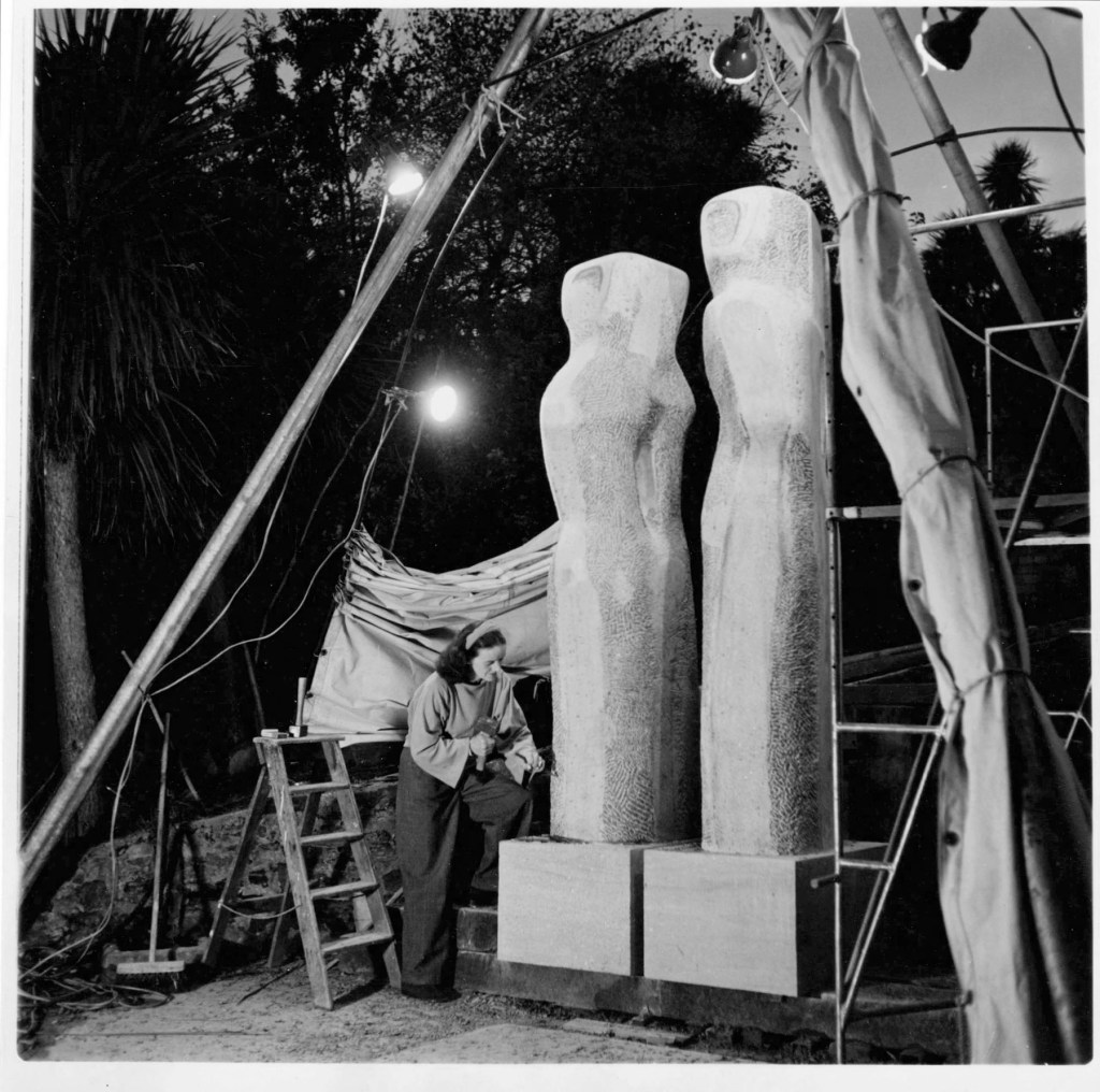 Barbara Hepworth at work on 'Contrapuntal Forms' by floodlight 25 October 1950
