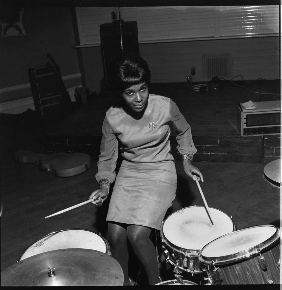 James Barnor (Ghanian, b. 1929) 'Model playing drums: Constance Mulondo, 'Drum' cover, at London University Weekend with the band The Millionaires, London' 1967
