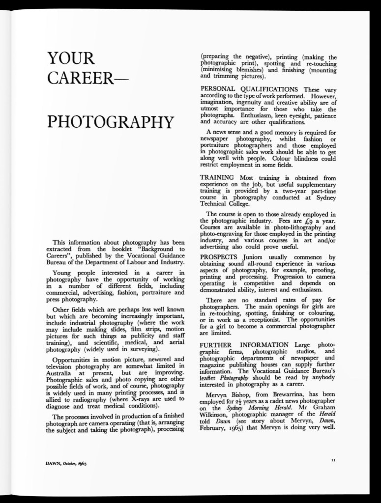 Aboriginal Protection Board (1952-1969) (publisher) "Your Career – Photography," 'Dawn' magazine, October 1965