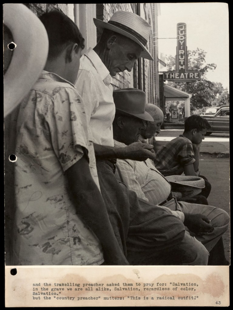 Marion Palfi (American born Germany, 1907-1978) 'Untitled (And the traveling preacher asked them to pray for: "Salvation...")' 1949