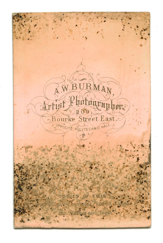 A. W. Burman (Australian, 1851-1915) (active 1869-1889, photographer) 'Untitled (shirtless man with arms folded)' 1878-1888 (verso)