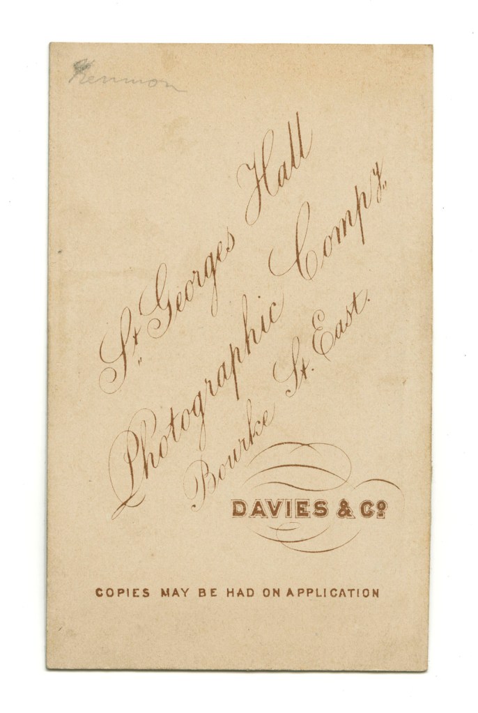 St. George's Hall Photographic Co. / William Davies & Co (Australian born England) (active Australia, 1855-1882) 'Untitled (Standing woman)' c. 1862-1870 (verso)