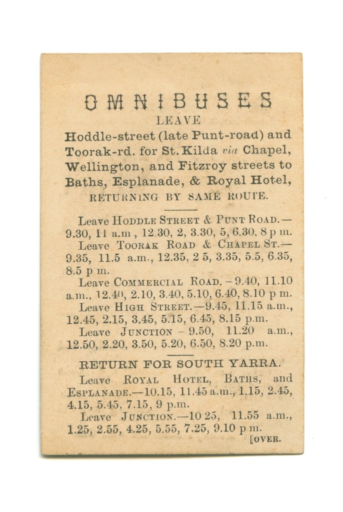 'Omnibuses timetable cartes-de-visite, Melbourne' February 1873 (recto)