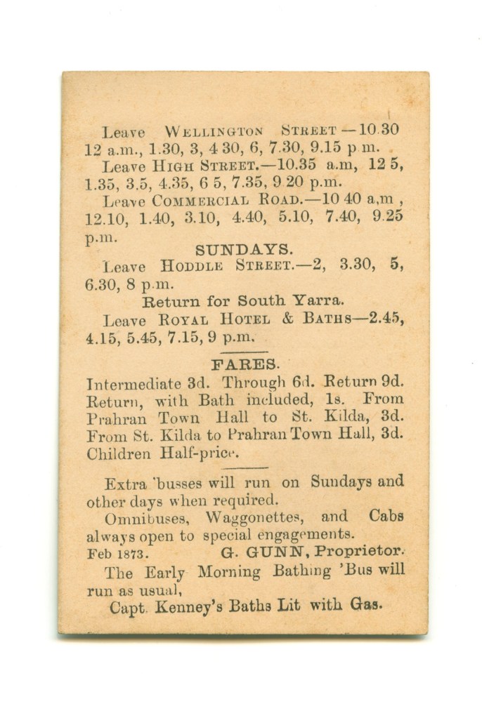 'Omnibuses timetable cartes-de-visite, Melbourne' February 1873 (verso)