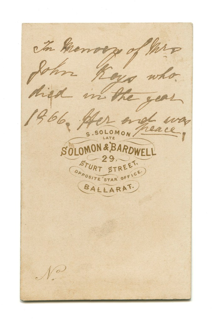 Solomon & Bardwell (Australian, active c. 1859-1866? 1874?) 'Untitled (Mrs John Keys)' c. 1866 (verso)