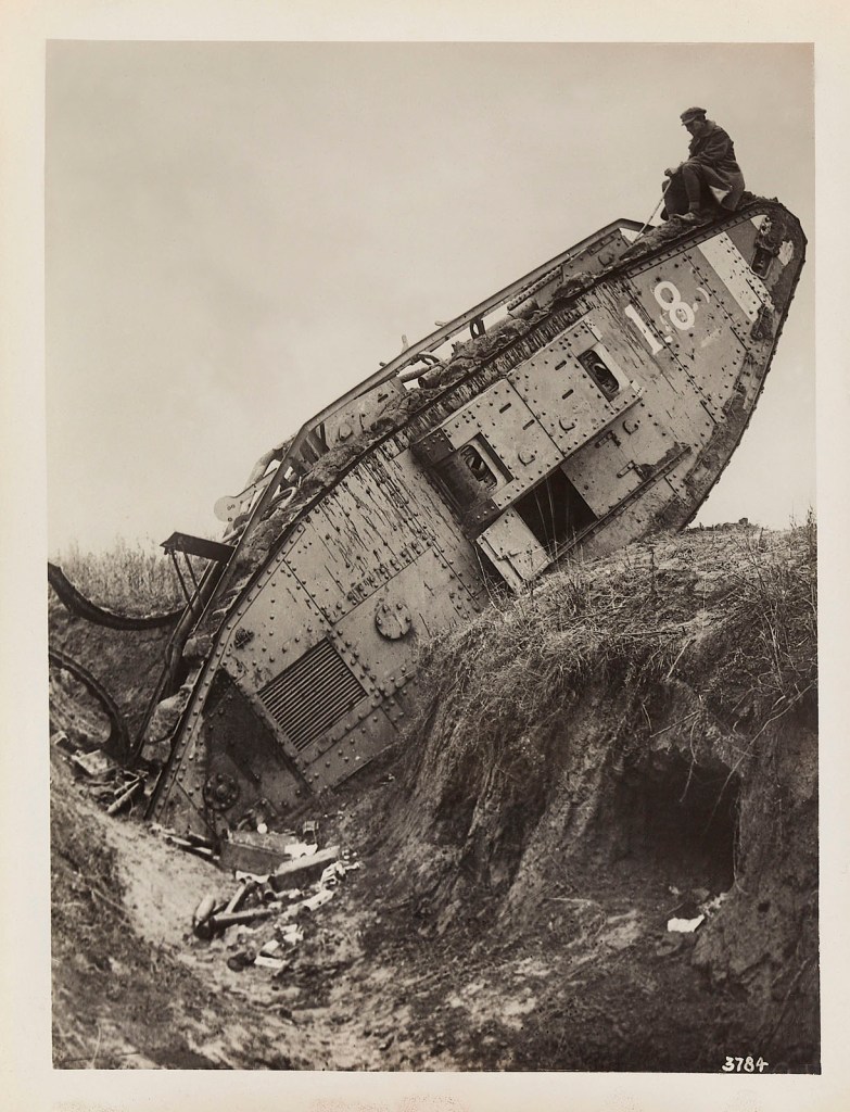 Frank Hurley (Australian, 1885-1962) 'A tank put out of action when crossing a deep communication trench running from a dugout near the St Quentin Canal' 25 September 1918 