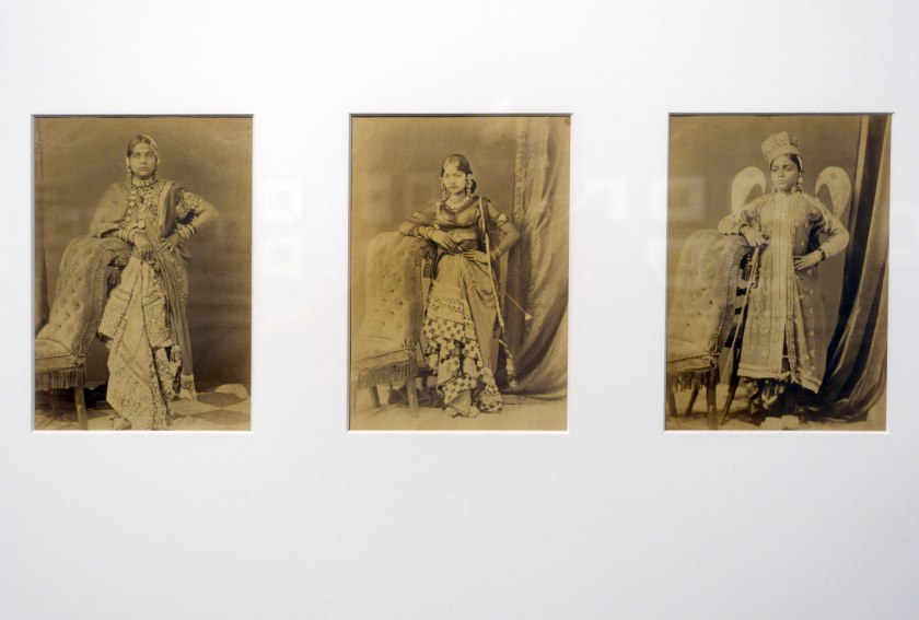 Installation view of the exhibition 'Visions of India: from the colonial to the contemporary' at the Monash Gallery of Art showing three portraits of a courtesan (all 1874) by Darogah Abbas Ali (Indian, dates unknown)