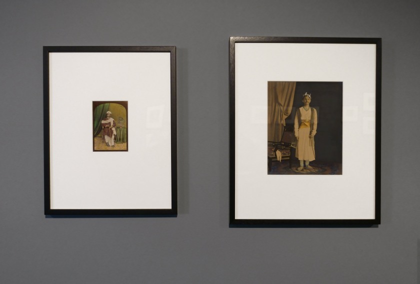 Installation view of the exhibition 'Visions of India: from the colonial to the contemporary' at the Monash Gallery of Art showing at left, Chunni Lall & Co 'Portrait of a man' (1860-1880, below); and at right, Unknown photographer 'Portrait of a royal figure' (1860-1880, below)