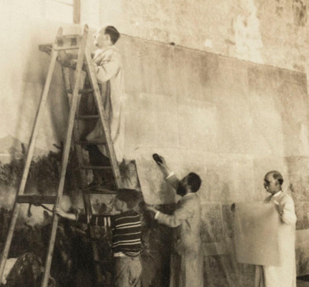 Adolf Mas (Spanish, 1861-1936) 'Relining of "La Batalla de Tetuan" by Marià Fortuny in one of the halls of the Diputació Provicial' 1914 (detail)