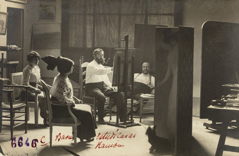 Estudi de Fotografia A. Mas. 'Ramon Casas painting Júlia and Flora Peraire in the presence of Adolf Mas' 1912
