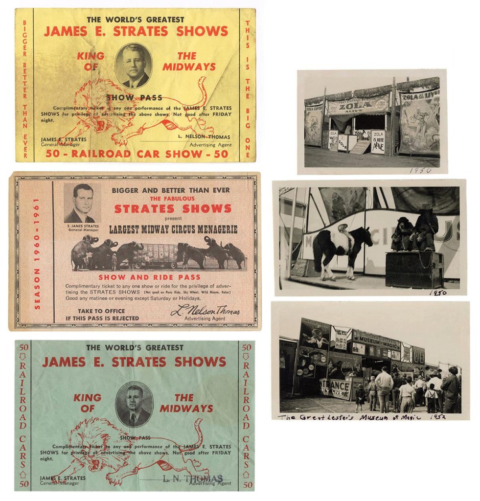 James E. Strates Shows. Massive show passes 'King of the Midways' 1950s-1960s; Unknown photographer (American) 'Zola Alive' 1950; Unknown photographer (American) 'The Great Lester's Museum of Magic' 1952