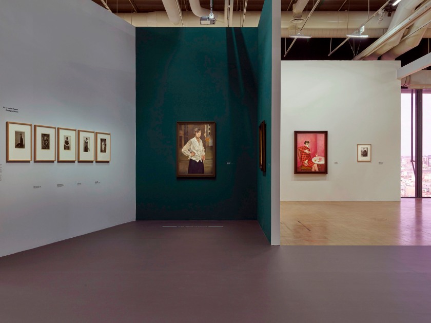 Installation view of the exhibition 'Germany / 1920s / New Objectivity / August Sander' at Centre Pompidou, Paris showing at centre left, Rudolf Schlichter's 'Margot' (1924); and at second right, Otto Dix's 'Bildnis der Journalistin Sylvia von Harden' (Portrait of the journalist Sylvia von Harden) (1926)
