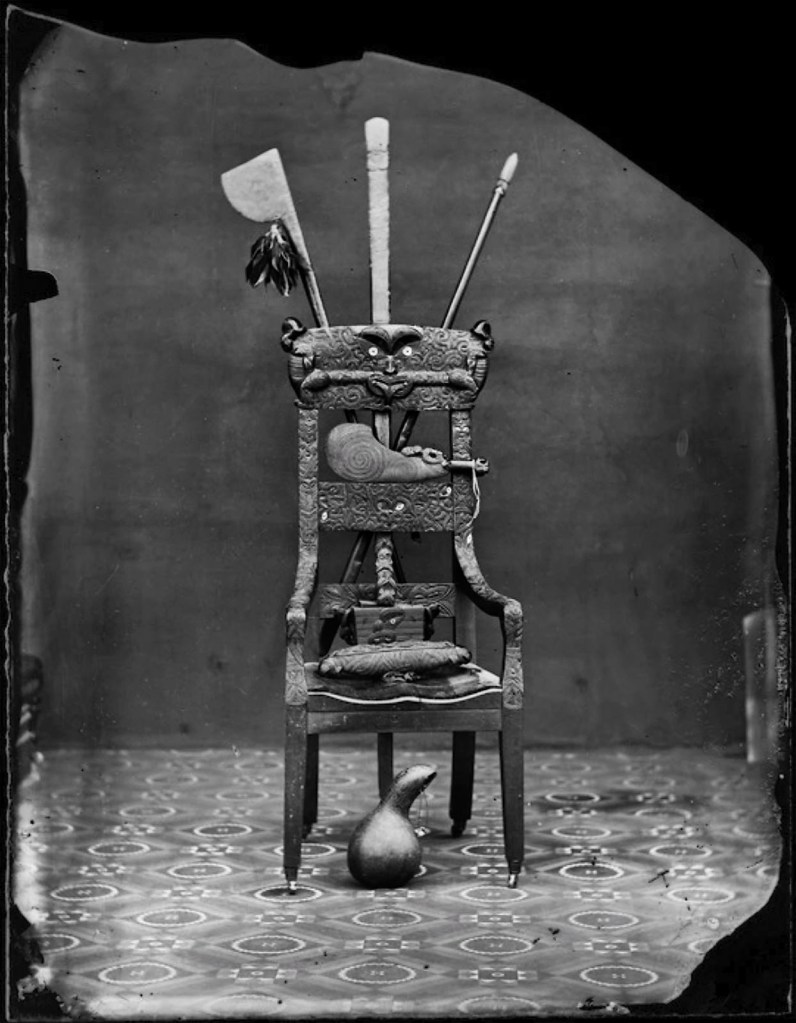 William James Harding (New Zealand, 1826-1899) 'Reverend Richard Taylor's chair, with other Maori artifacts' Between 1856-1899