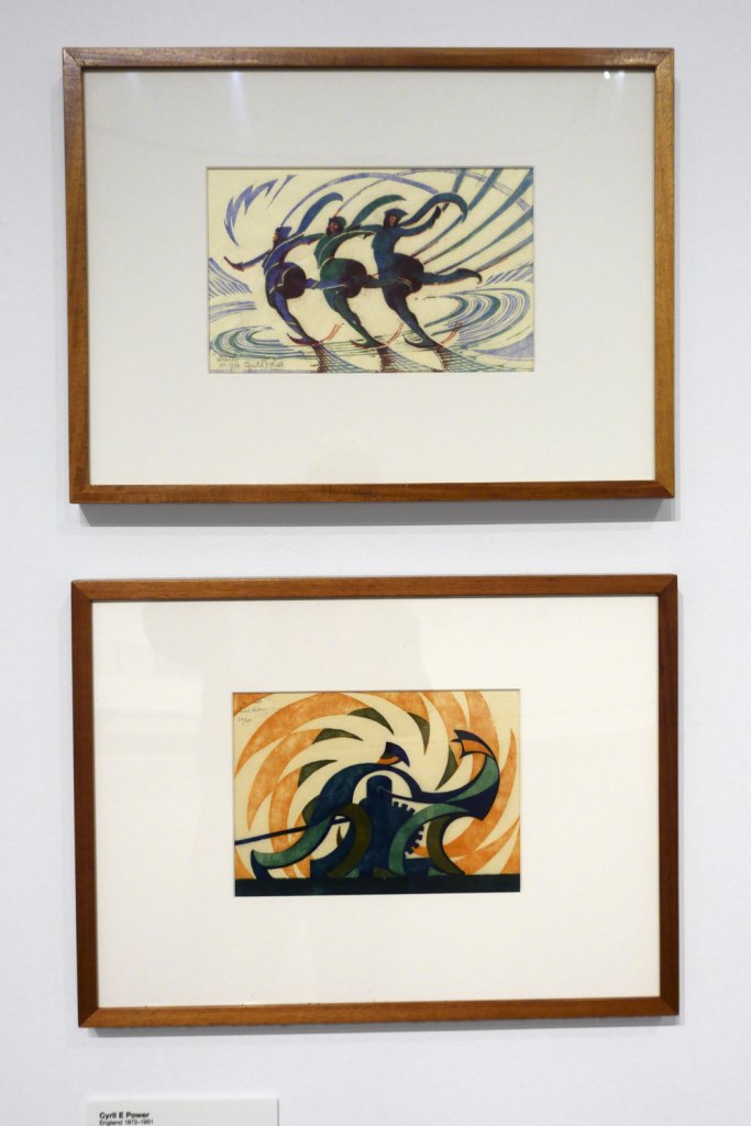Cyril E Power (English, 1872-1951) 'Skaters' c. 1932 and Sybil Andrews (English-Canadian, 1898-1992) 'The winch' 1930 (installation view)