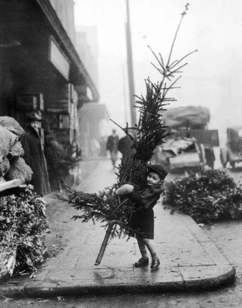 Monty Fresco (English, 1936-2013) 'Boy Brings Home Christmas Tree, Spitalfields Market, London' 1946