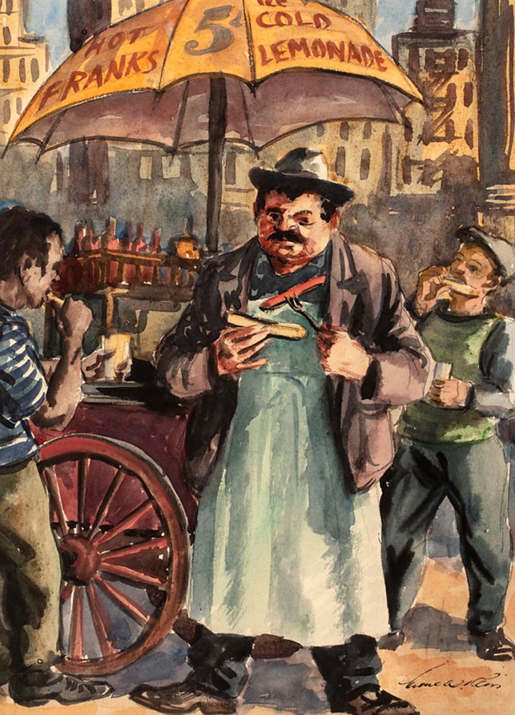 Lionel S. Reiss (American born Poland, 1894-1988) 'Frankfurter and Lemonade from Manhattan Crosstown' series c. 1945