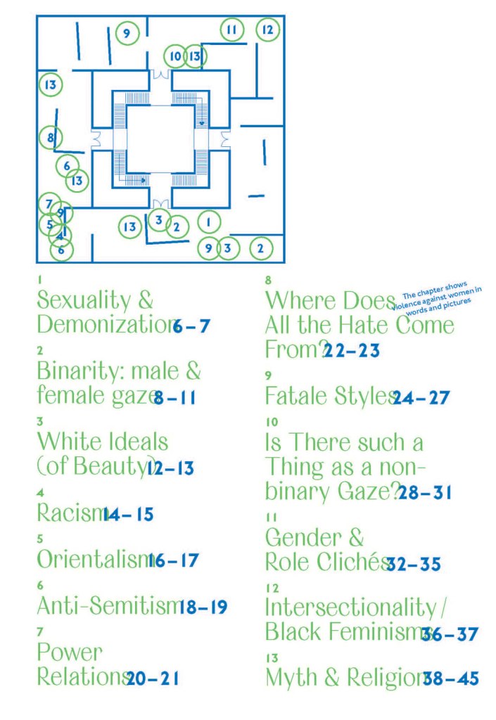 Pages from 'Doing Feminism – With Art!' booklet to the exhibition 'Femme Fatale. Gaze – Power – Gender' showing in the bottom posting, the room layout with sections to the exhibition Pages from 'Doing Feminism – With Art!' booklet to the exhibition 'Femme Fatale. Gaze – Power – Gender' showing in the bottom posting, the room layout with sections to the exhibition