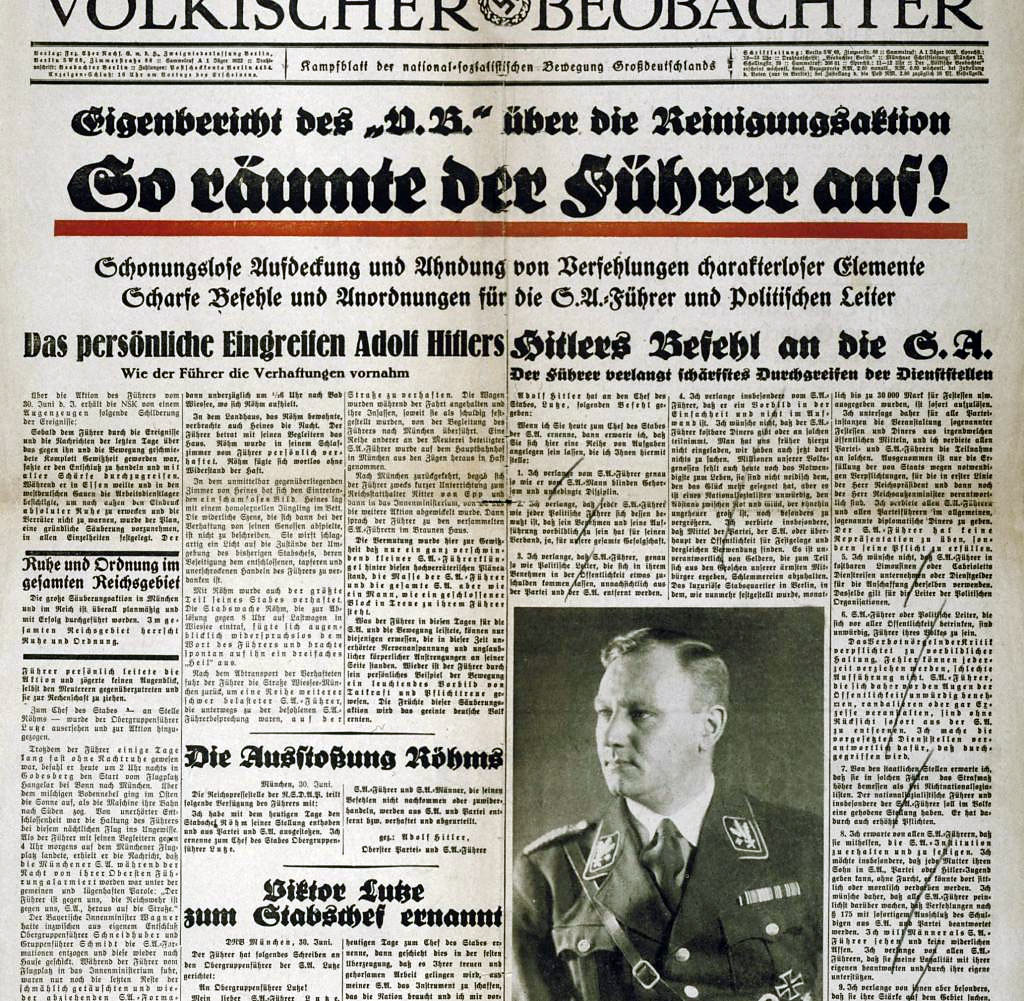 "This is how the Führer cleaned up!" Front page of the extra issue of the 'Völkischer Beobachter', June 30, 1934, Berlin edition "This is how the Führer cleaned up!" Front page of the extra issue of the 'Völkischer Beobachter', June 30, 1934, Berlin edition