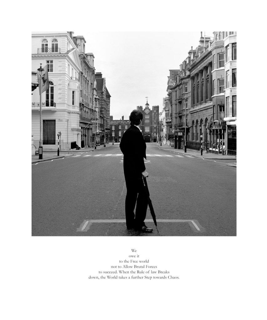 Karen Knorr (American born Germany, b. 1954) 'We owe it to the Free world not to Allow Brutal Forces to succeed. When the Rule of law Breaks down, the World takes a further Step towards Chaos' 1981-1983, printed 2015 from the series 'Gentlemen'