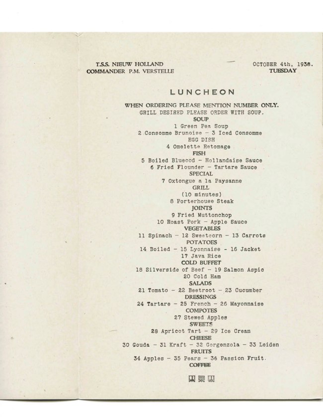 T.S.S. Nieuw Holland luncheon menu. Tuesday October 4th, 1938