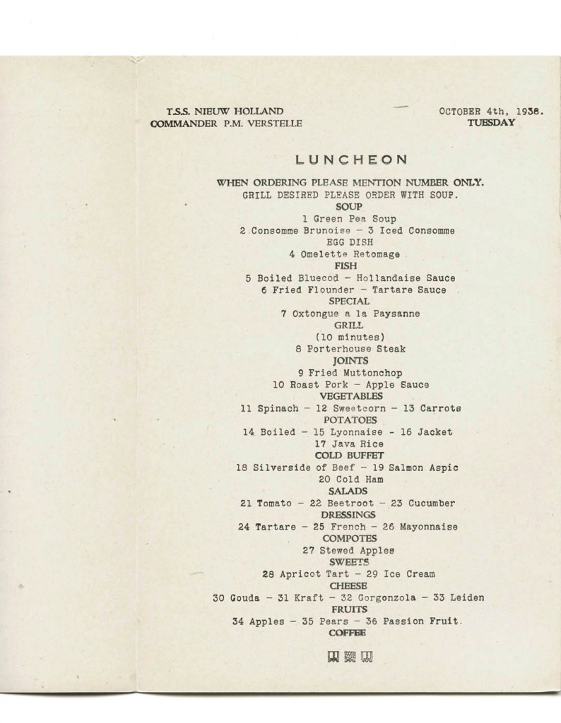 T.S.S. Nieuw Holland luncheon menu. Tuesday October 4th, 1938