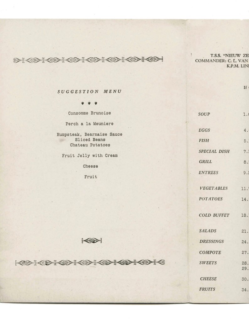T.S.S. Nieuw Zeeland luncheon menu. Monday 2nd May, 1939