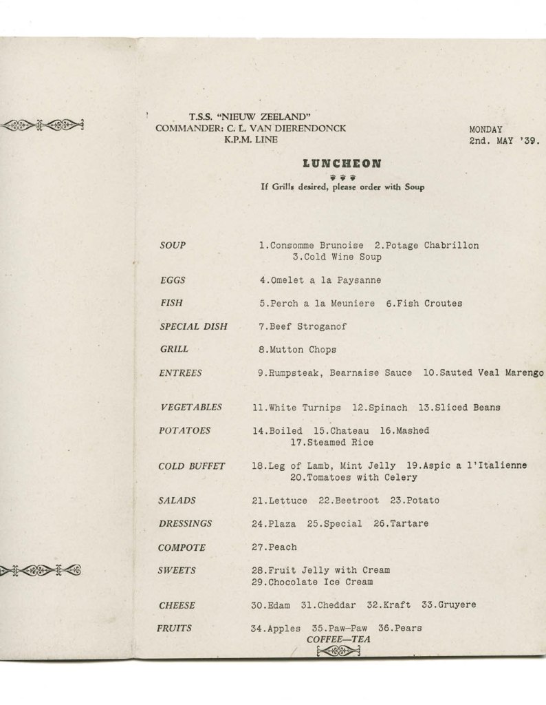 T.S.S. Nieuw Zeeland luncheon menu. Monday 2nd May, 1939
