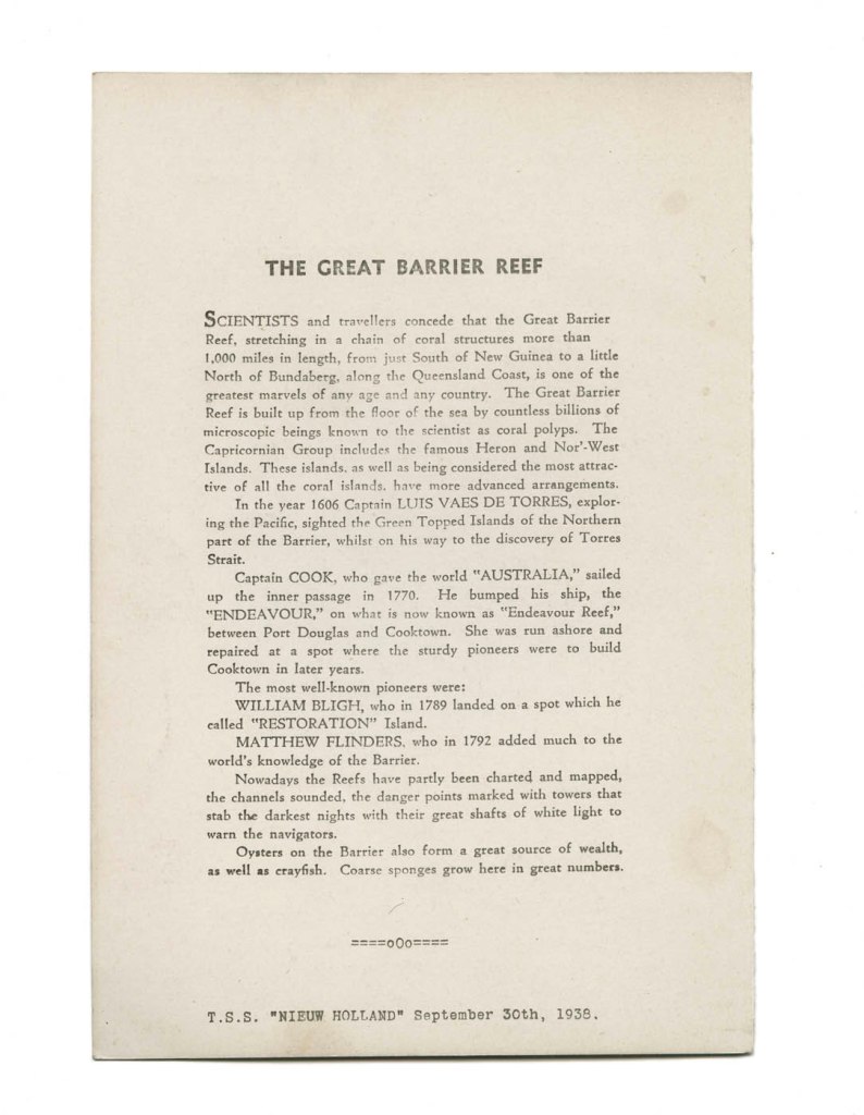 The Great Barrier Reef. T.S.S. "Nieuw Holland" September 30th, 1938