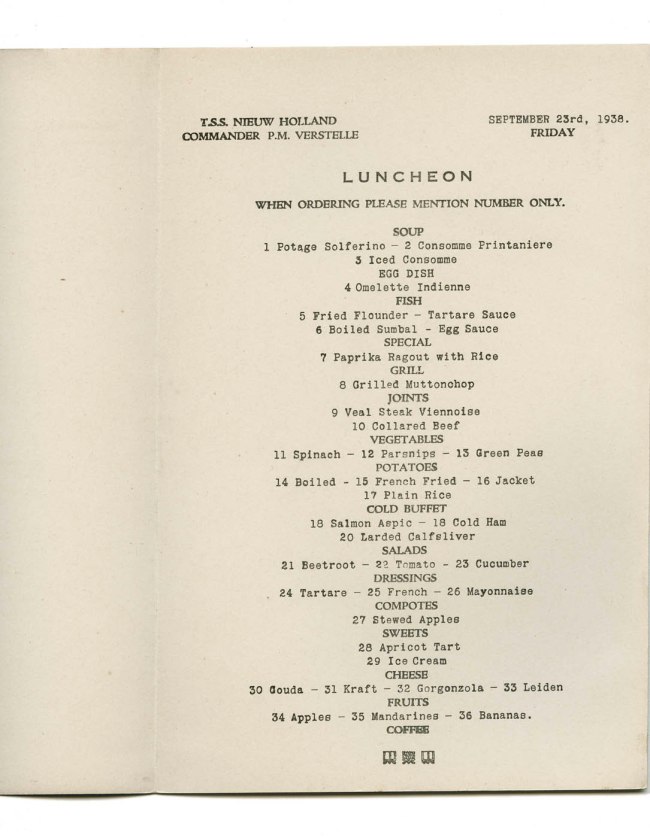 T.S.S. Nieuw Holland luncheon menu. Friday September 23rd, 1938