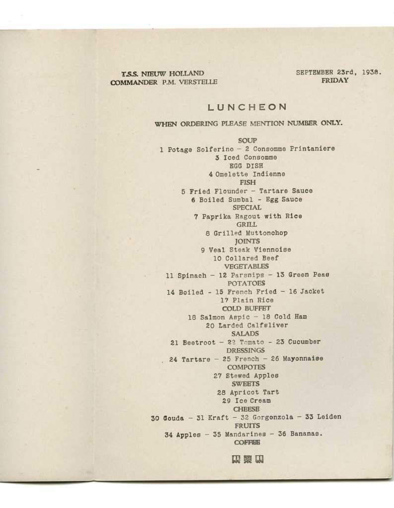 T.S.S. Nieuw Holland luncheon menu. Friday September 23rd, 1938