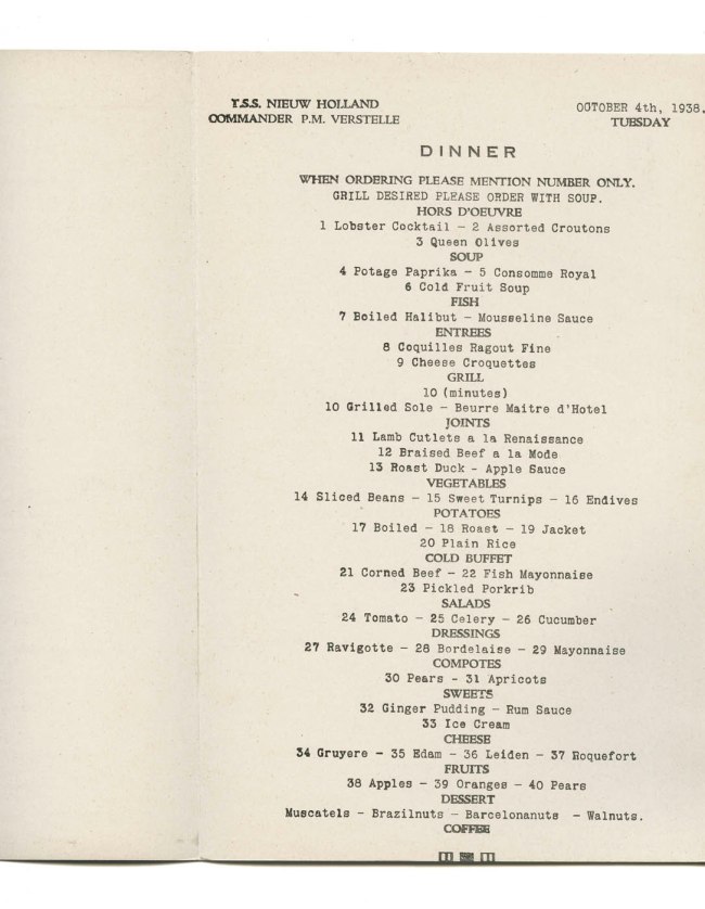 T.S.S. Nieuw Holland dinner menu. Tuesday October 4th, 1938