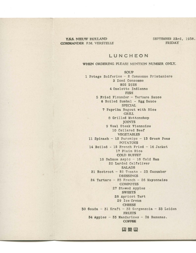 T.S.S. Nieuw Holland luncheon menu. Friday September 23rd, 1938