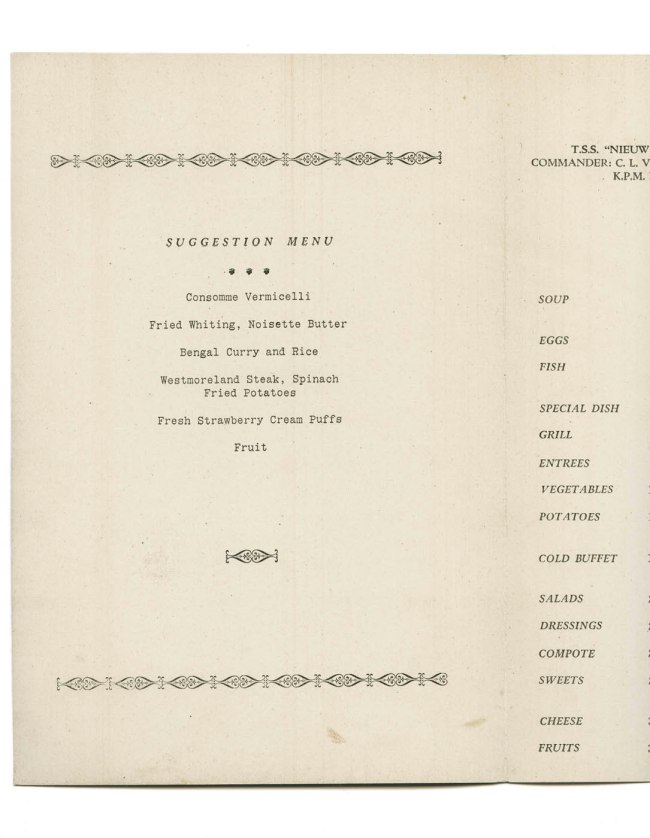 T.S.S. Nieuw Zeeland luncheon menu. Sunday 28th May, 1939