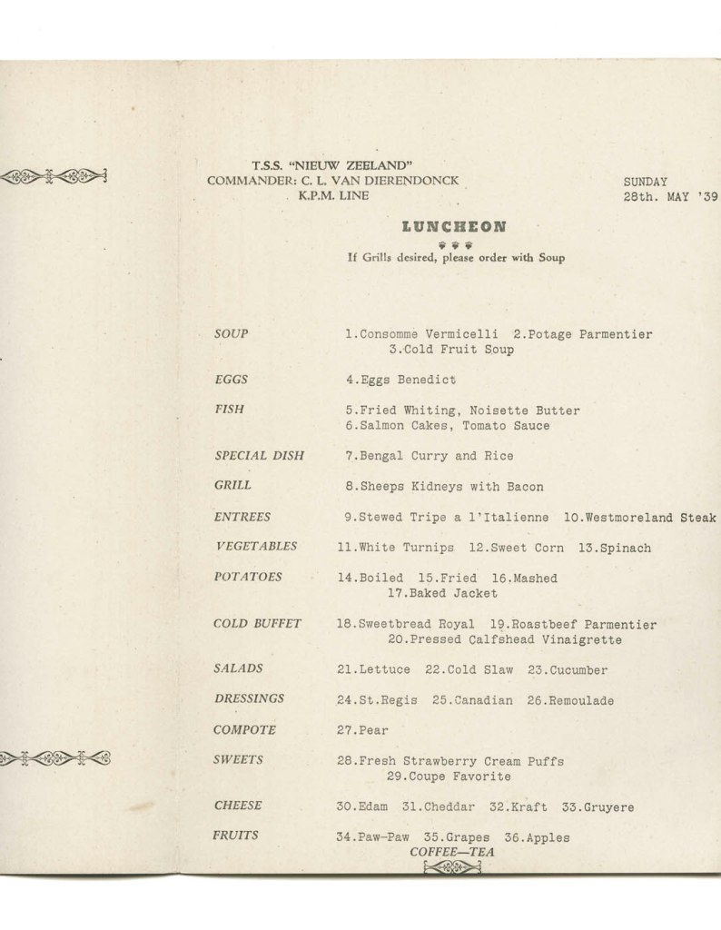 T.S.S. Nieuw Zeeland luncheon menu. Sunday 28th May, 1939