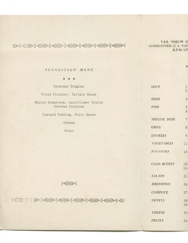 T.S.S. Nieuw Zeeland luncheon menu. Friday 26th May, 1939
