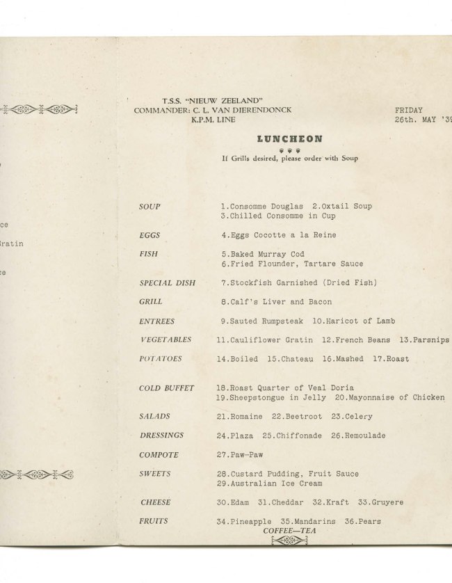 T.S.S. Nieuw Zeeland luncheon menu. Friday 26th May, 1939