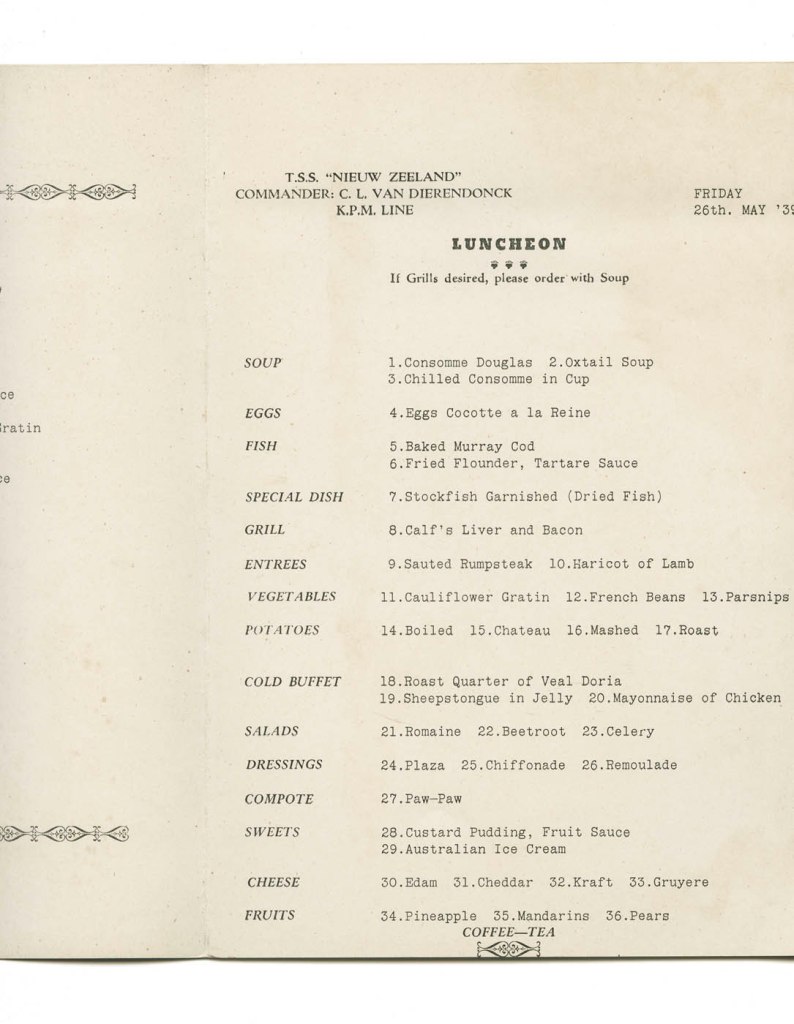T.S.S. Nieuw Zeeland luncheon menu. Friday 26th May, 1939