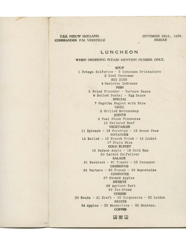 T.S.S. Nieuw Holland luncheon menu. Friday September 23rd, 1938