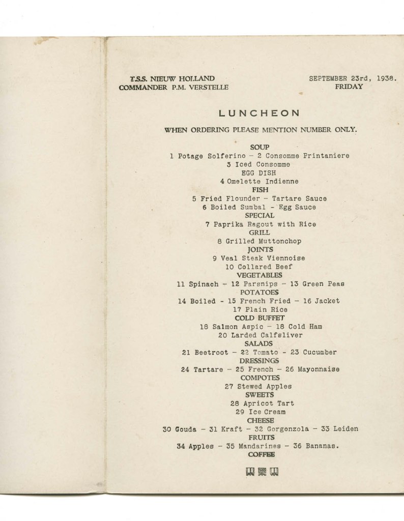 T.S.S. Nieuw Holland luncheon menu. Friday September 23rd, 1938