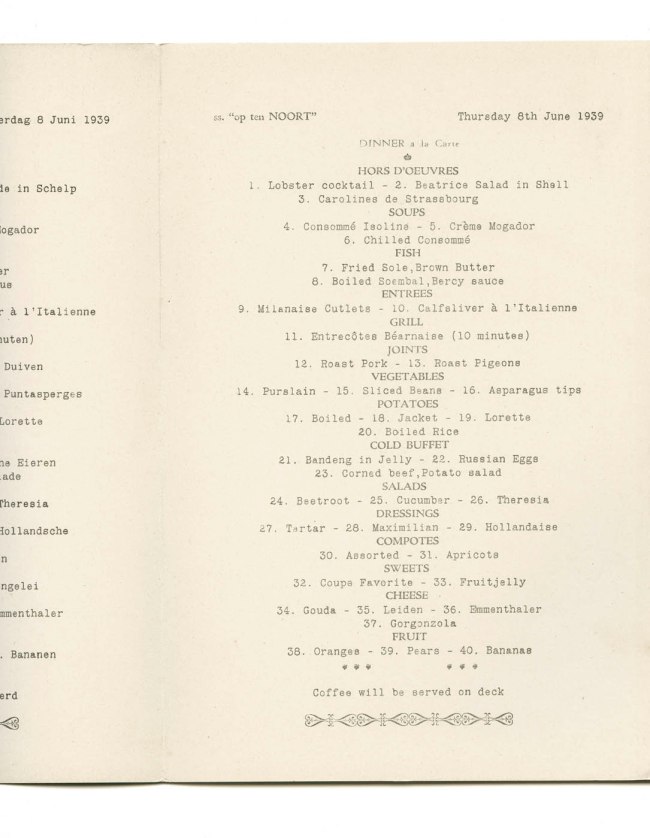 ss. "op ten NOORT" DINNER a la Carte menu. Thursday 8th June 1939