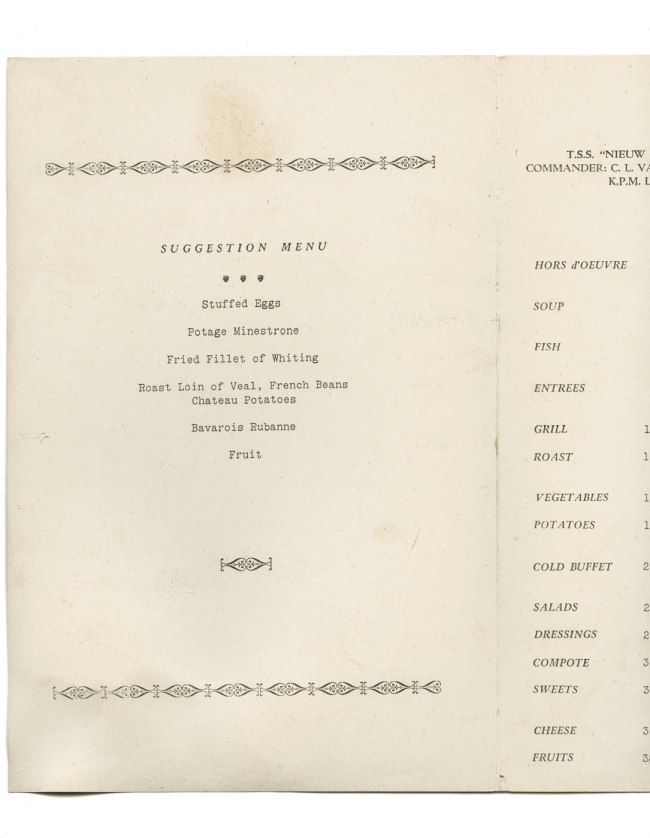 T.S.S. Nieuw Zeeland luncheon menu. Wednesday 31st May, 1939