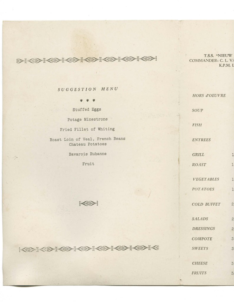 T.S.S. Nieuw Zeeland luncheon menu. Wednesday 31st May, 1939