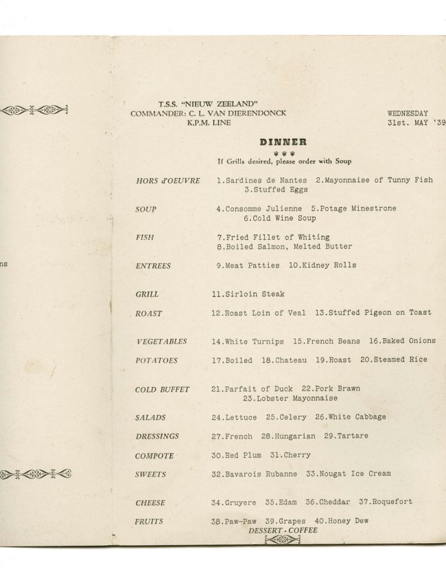 T.S.S. Nieuw Zeeland luncheon menu. Wednesday 31st May, 1939