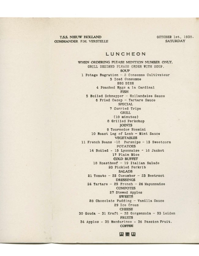 T.S.S. Nieuw Holland luncheon menu. Saturday October 1st, 1938