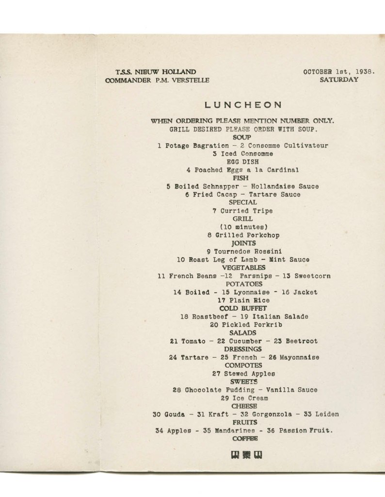 T.S.S. Nieuw Holland luncheon menu. Saturday October 1st, 1938